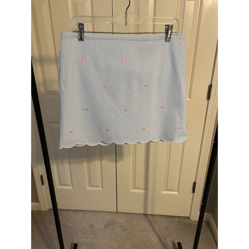 Vineyard Vines Blue Seersucker Scalloped Skirt Size 6 Embroidered Pink Whales